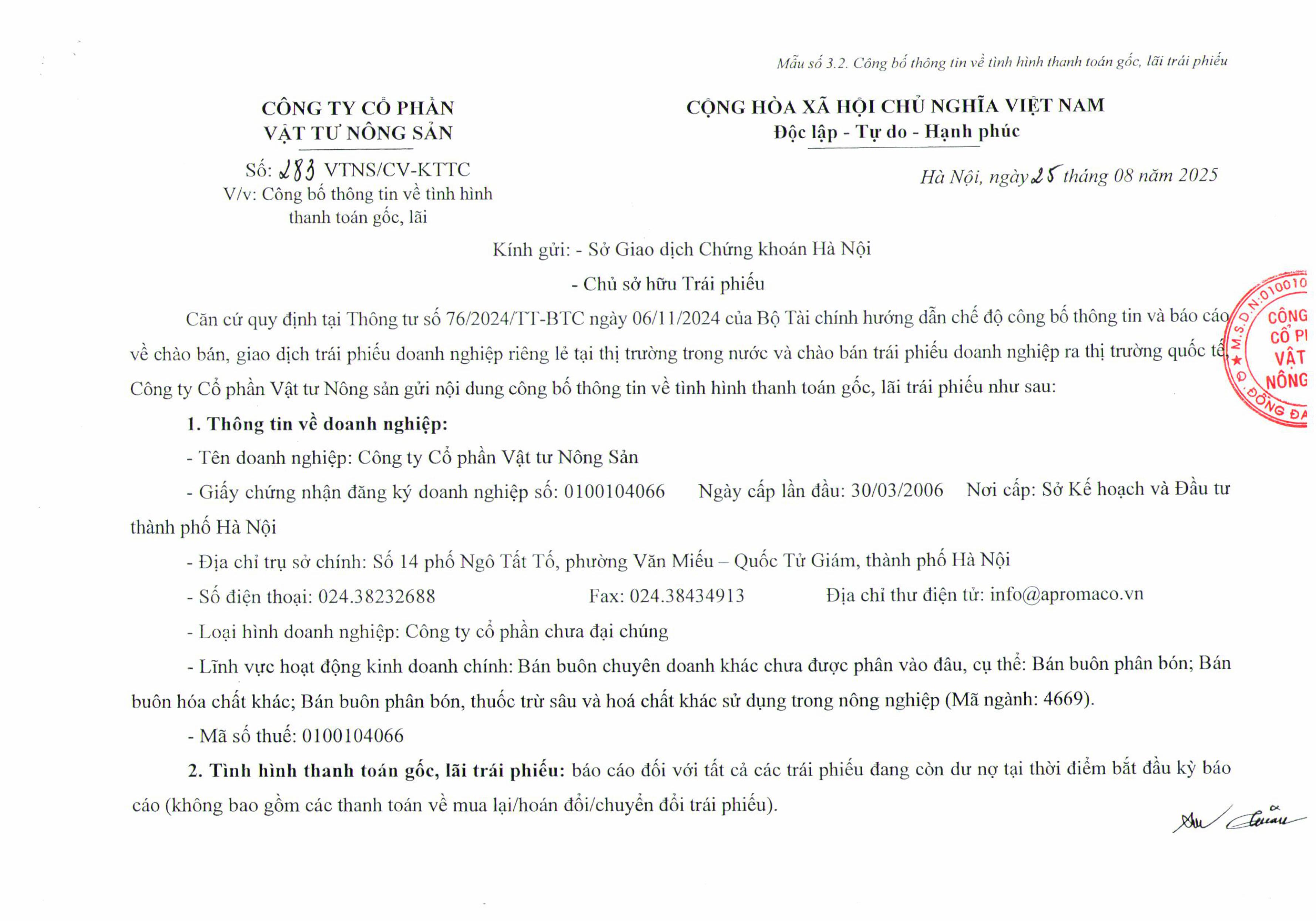Mẫu 3.2 Công bố thông tin về thanh toán gốc lãi trái phiếu-hình ảnh-0