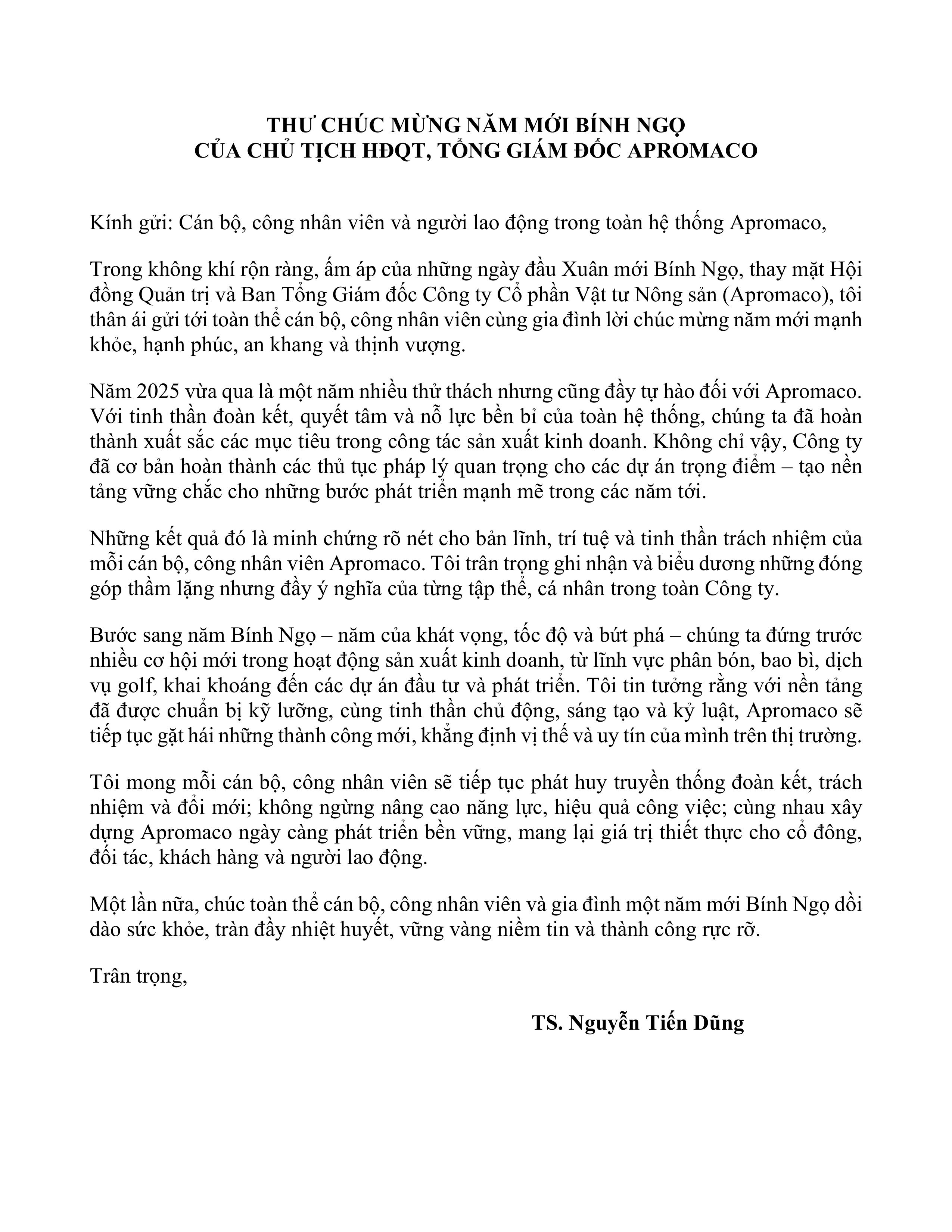 THƯ CHÚC MỪNG NĂM MỚI BÍNH NGỌ CỦA TGĐ