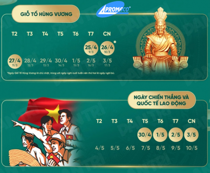 APROMACO THÔNG BÁO NGHỈ NGÀY LỄ GIỖ TỔ HÙNG VƯƠNG, NGÀY GIẢI PHÓNG MIỀN NAM 30/4/2026 VÀ QUỐC TẾ LAO ĐỘNG 01/5/2026